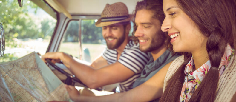 Group of friends in a car on a day trip in georgia