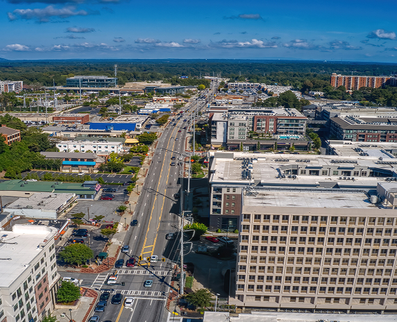 Aerial View of the Atlanta Suburb of Sandy Springs – cheap car insurance in Georgia.