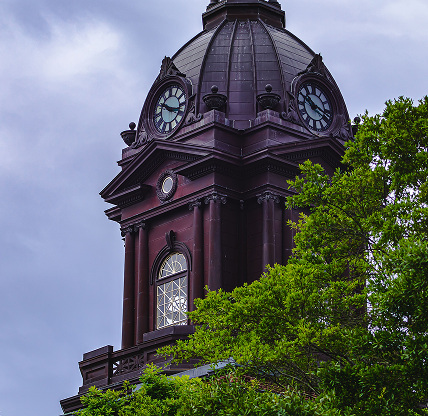 The Clocktower of Newnan, Georgia courthouse behind trees with blue sky – cheap car insurance in Georgia.