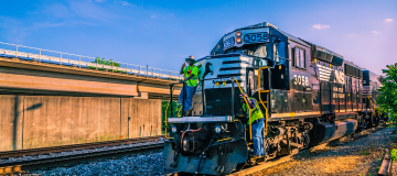 Chamblee, Georgia, USA - May 20, 2014: Norfolk Southern train #3058 passes through Chamblee, Georgia.