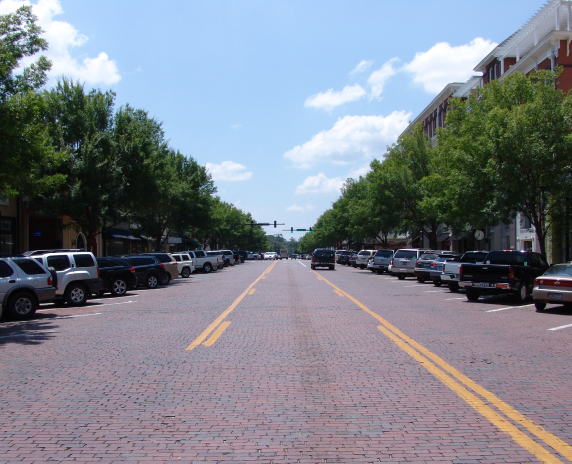 Looking down Brick laid street, Broad Street, downtown Thomasville, Georgia (2014)