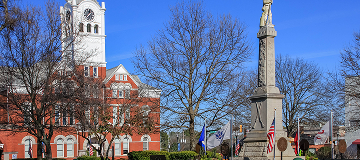 McDonough, GA / USA - January 11, 2019: A view of the statue of a Confederate States solider in front of the Henry County Courthouse.