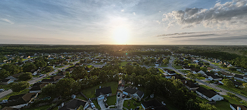 An aerial view of a sunrise over Pooler, Georgia, USA