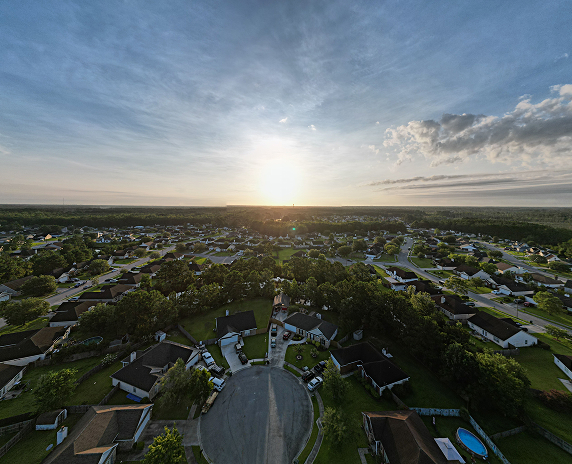 An aerial view of a sunrise over Pooler, Georgia, USA