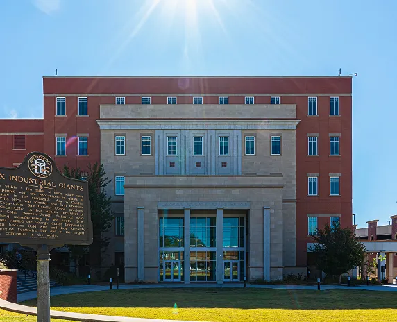 New Carroll County courthouse built in 2012 stands adjacent to the historic courthouse that was built in 1928, Carrollton, Georgia. Cheap car insurance in Georgia.