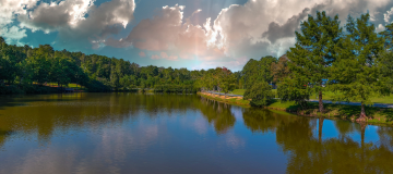 A stunning panoramic shot of the still green lake surrounded by lush green and autumn colored trees with powerful clouds at sunset at Duncan Park in Fairburn Georgia USA.