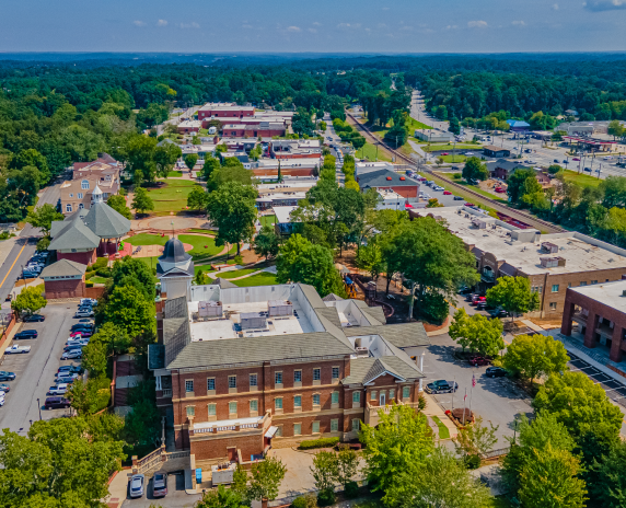 Aerial Drone view of the downtown area of Loganville, Ga.